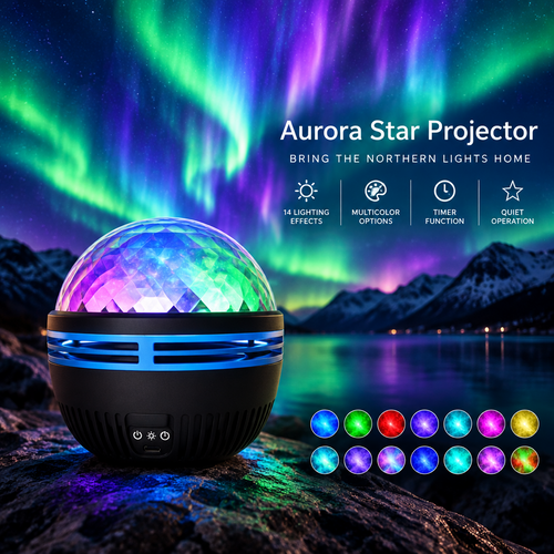 Multicolor music star projector with 14 lighting effects in a bedroom setting